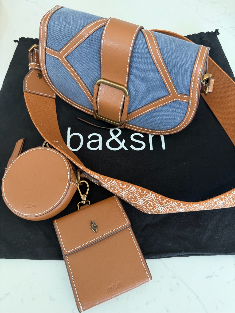 ba&sh Blue Denim and Tan Leather-Trim Crossbody with Detachable Pouches